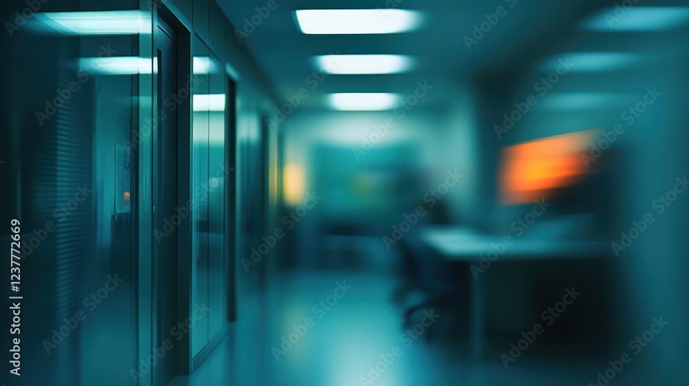 Poster a blurred view of an office corridor with soft lighting and workspaces in the background.