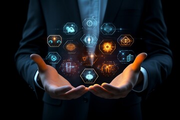 A hand holding digital icons representing risk management and assessment .