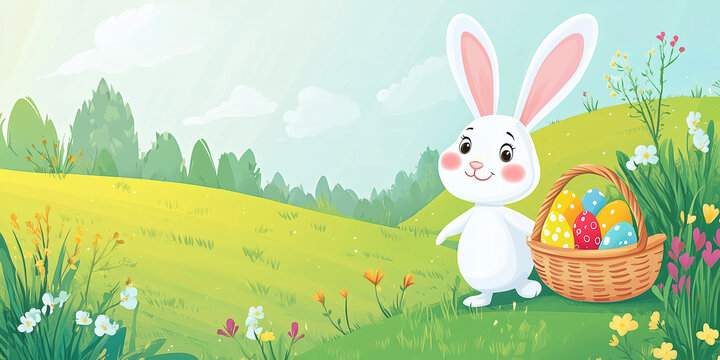 Moderner lustiger Osterhase im Cartoon-Stil mit Korb, leuchtende Farben in gr&uuml;ner Landschaft, Frohe Ostern, Werbeschild