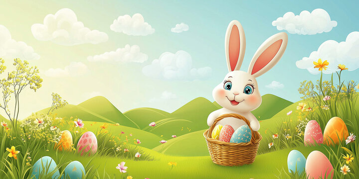 Moderner lustiger Osterhase im Cartoon-Stil mit Korb, leuchtende Farben in gr&uuml;ner Landschaft, Frohe Ostern, Werbeschild