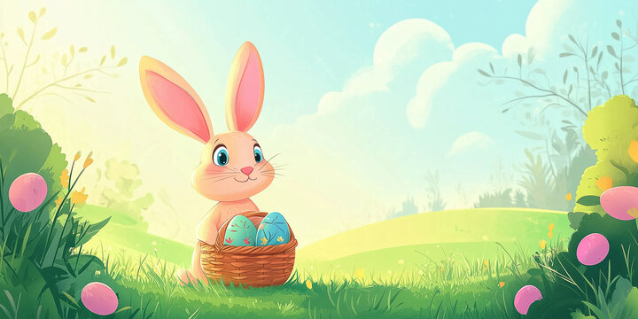 Moderner lustiger Osterhase im Cartoon-Stil mit Korb, leuchtende Farben in gr&uuml;ner Landschaft, Frohe Ostern, Werbeschild