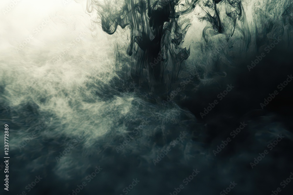 Poster abstract swirling black and gray smoke patterns creating a dramatic and moody atmosphere