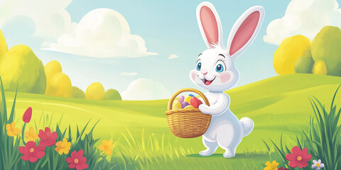 Fototapeta premium Moderner lustiger Osterhase im Cartoon-Stil mit Korb, leuchtende Farben in grüner Landschaft, Frohe Ostern, Werbeschild