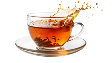 Glass cup of tea splashing on transparent background
