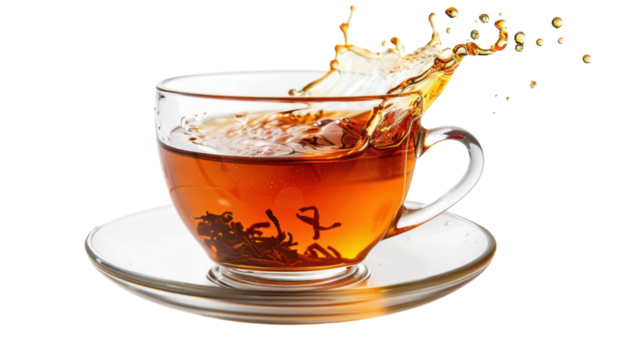 Glass cup of tea splashing on transparent background