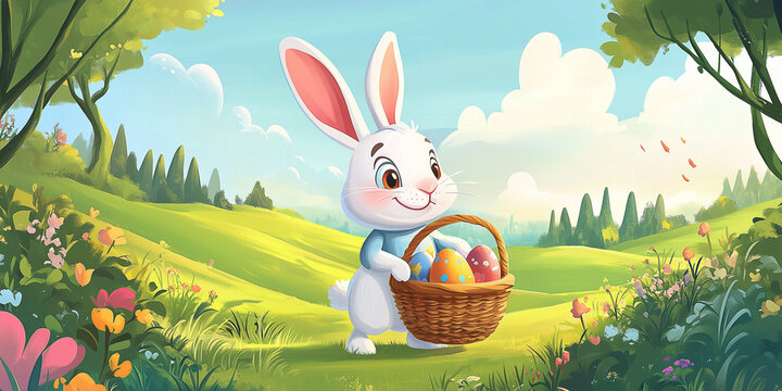 Moderner lustiger Osterhase im Cartoon-Stil mit Korb, leuchtende Farben in gr&uuml;ner Landschaft, Frohe Ostern, Werbeschild