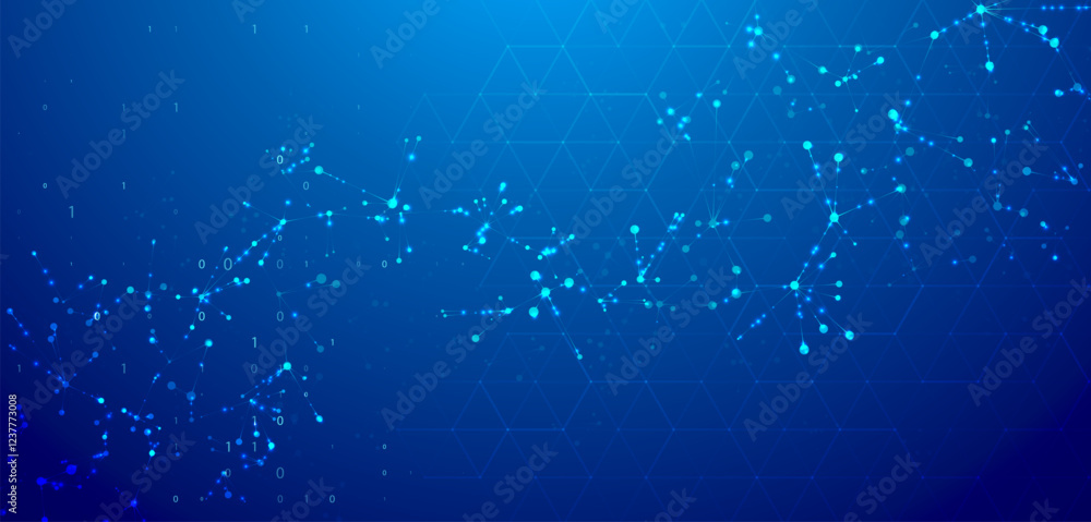 Poster abstract molecules design. digital molecular structure in the flow of big data. biotechnology concep