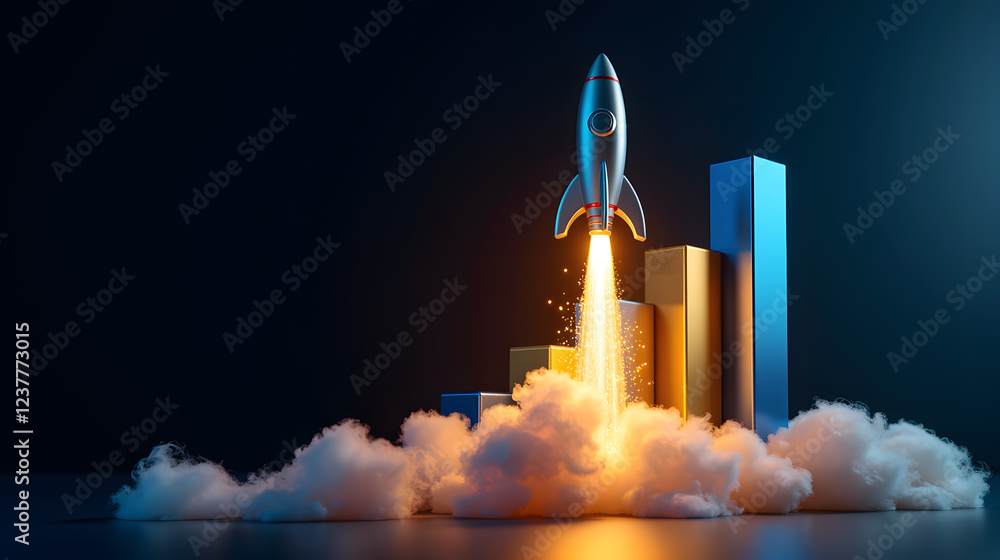 Aufkleber rocket launching from a cloud of smoke with bar graphs representing business growth and innovation e