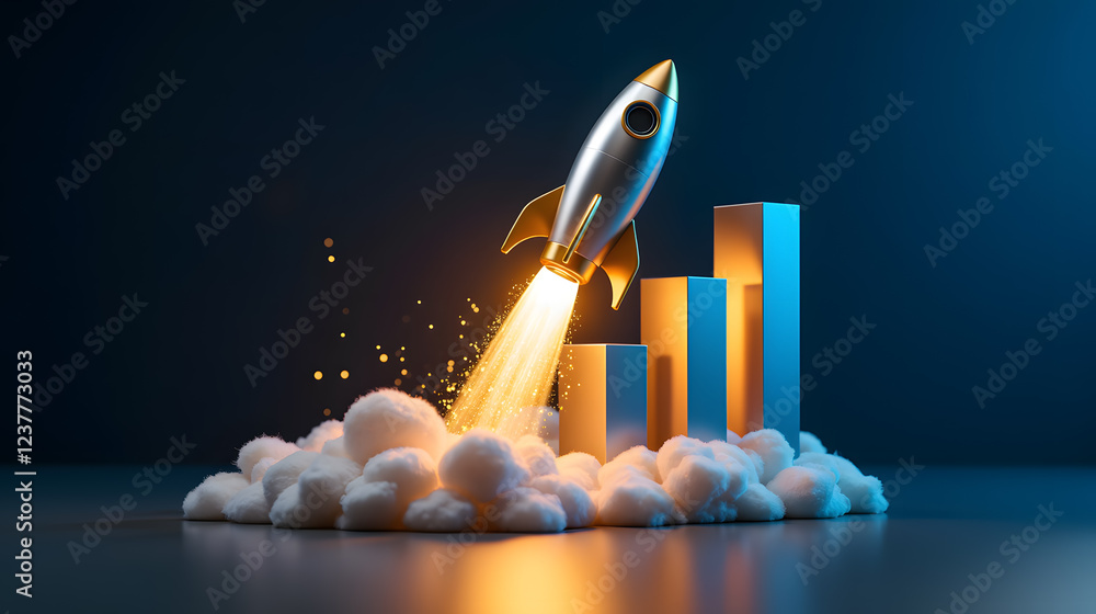 Poster metallic rocket launching skyward over bar graph representing growth and success with clouds and spa