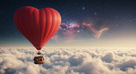 Fototapeta premium Romantic Heart Shaped Hot Air Balloon Soaring Above Clouds and Starscape