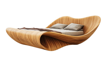 Modern wooden bed isolated on transparent background with pillows and blanket