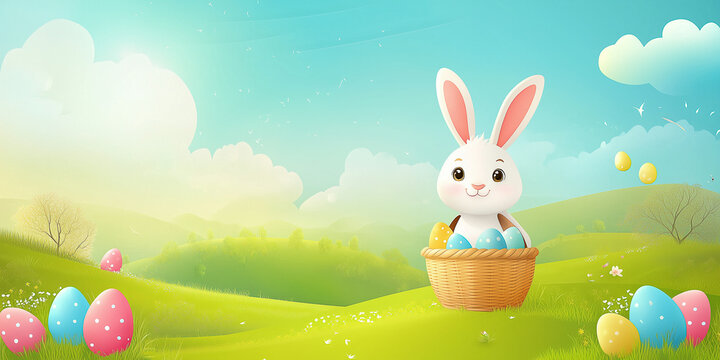 Moderner lustiger Osterhase im Cartoon-Stil mit Korb, leuchtende Farben in gr&uuml;ner Landschaft, Frohe Ostern, Werbeschild