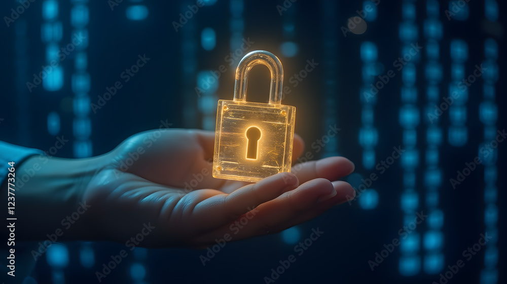 Poster futuristic digital padlock in hand represents cybersecurity, data protection, and privacy in the mod