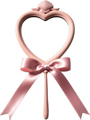 A delicate, heart-shaped handheld mirror frame in pastel pink with a vintage aesthetic isolated on white transparent background clipart PNG