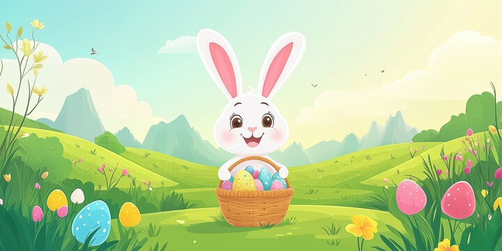 Moderner lustiger Osterhase im Cartoon-Stil mit Korb, leuchtende Farben in gr&uuml;ner Landschaft, Frohe Ostern, Werbeschild