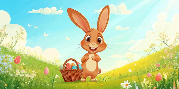 Moderner lustiger Osterhase im Cartoon-Stil mit Korb, leuchtende Farben in gr&uuml;ner Landschaft, Frohe Ostern, Werbeschild