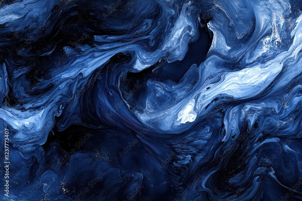 Poster abstract swirling blue and white patterns resembling ocean waves and clouds in a dark background