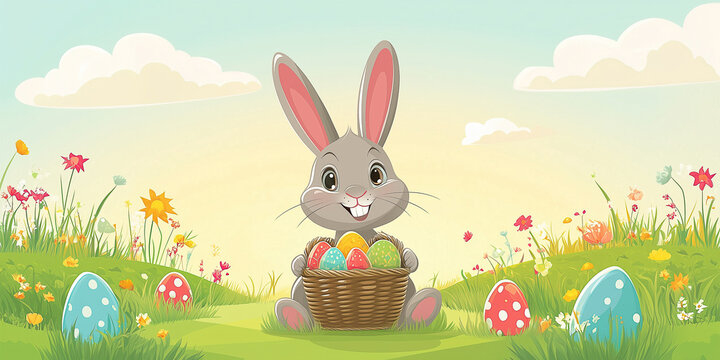 Moderner lustiger Osterhase im Cartoon-Stil mit Korb, leuchtende Farben in gr&uuml;ner Landschaft, Frohe Ostern, Werbeschild