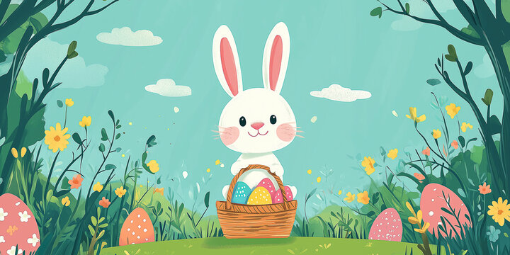 Moderner lustiger Osterhase im Cartoon-Stil mit Korb, leuchtende Farben in gr&uuml;ner Landschaft, Frohe Ostern, Werbeschild