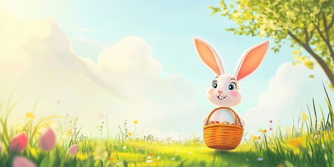 Fototapeta premium Moderner lustiger Osterhase im Cartoon-Stil mit Korb, leuchtende Farben in grüner Landschaft, Frohe Ostern, Werbeschild