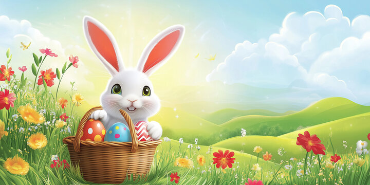 Moderner lustiger Osterhase im Cartoon-Stil mit Korb, leuchtende Farben in gr&uuml;ner Landschaft, Frohe Ostern, Werbeschild