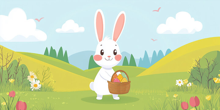 Moderner lustiger Osterhase im Cartoon-Stil mit Korb, leuchtende Farben in gr&uuml;ner Landschaft, Frohe Ostern, Werbeschild