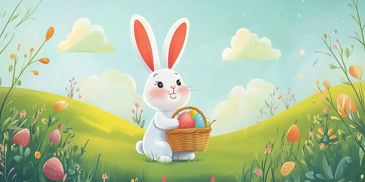 Moderner lustiger Osterhase im Cartoon-Stil mit Korb, leuchtende Farben in gr&uuml;ner Landschaft, Frohe Ostern, Werbeschild