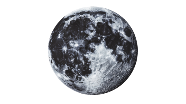 Full moon rotating showing craters and surface details on transparent background