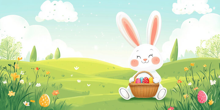 Moderner lustiger Osterhase im Cartoon-Stil mit Korb, leuchtende Farben in gr&uuml;ner Landschaft, Frohe Ostern, Werbeschild