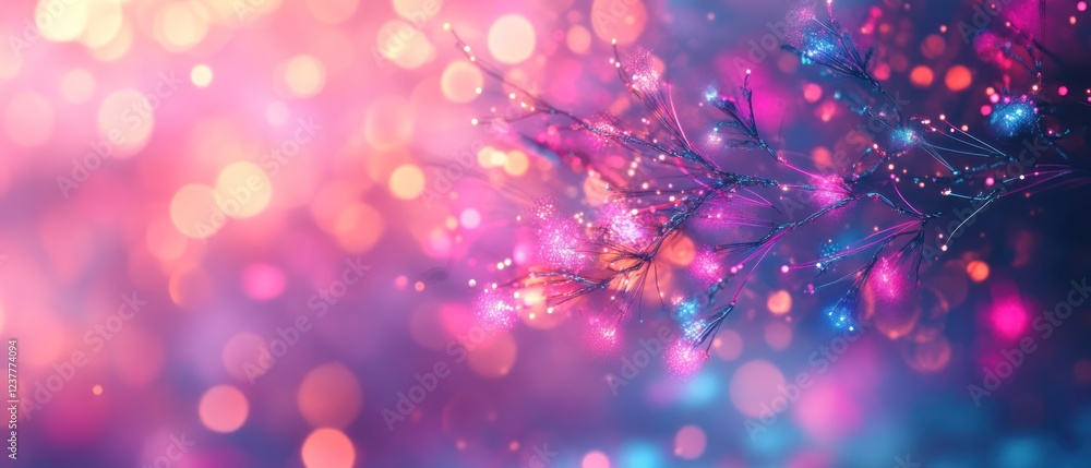 Poster a vibrant, dreamy background with colorful bokeh and illuminated branches.