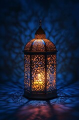 A single lantern with intricate patterns glows softly against the dark background, symbolizing Ramadan and spiritual enlightenment.
