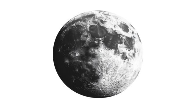 Gibbous moon rotating in outer space with transparent background
