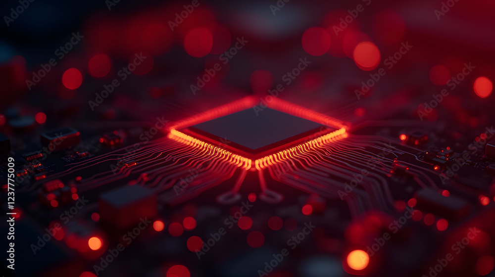 Poster close-up view of a circuit board with glowing red lines and chip in a dark environment, representing