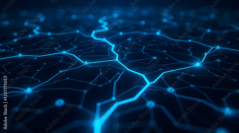 Poster abstract futuristic blue neural network connections illuminated on a dark surface with glowing lines