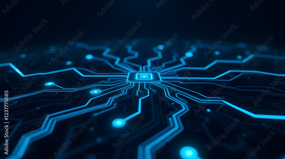 Poster digital circuit board with glowing blue lines and central microchip design representing modern techn