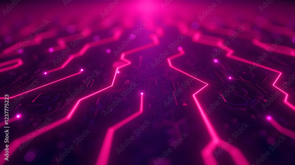 Poster abstract digital circuit pattern with bright pink lines and background creating a futuristic technol