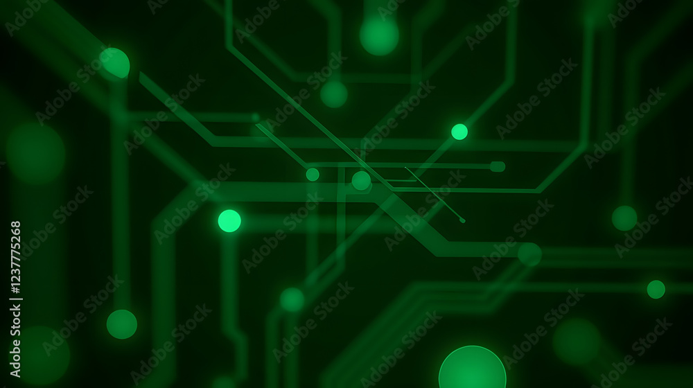Poster abstract digital circuit design with glowing green lines and dots on a dark background illustrating 