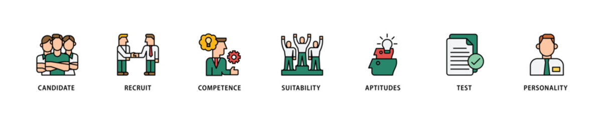 Assessment icon set flow process which consists of user candidate, recruit, competence, suitability, aptitudes, test and personality icon live stroke and easy to edit .