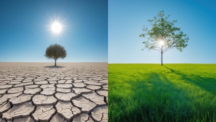 The image is divided into two parts. On the left side, there is a vast expanse of dry, cracked ground with a single tree in the center. The sky is a bright blue with the sun shining down on the horizo