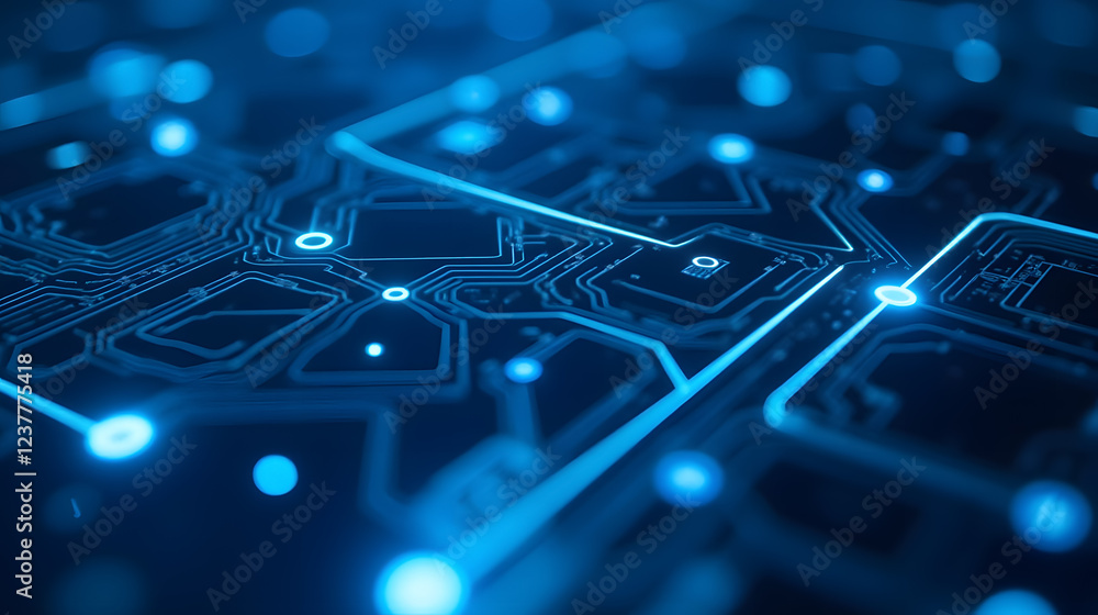 Poster futuristic abstract background of circuit board with glowing lines, dots, and high-tech patterns in 
