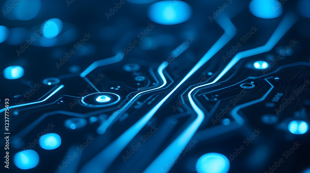 Aufkleber close-up of a futuristic circuit board with blue illumination in a technological environment showcas