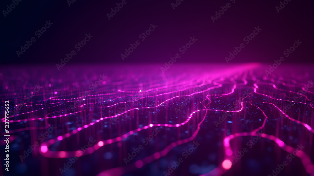 Poster vibrant abstract technology landscape with futuristic neon light patterns and gradients in a dark ba