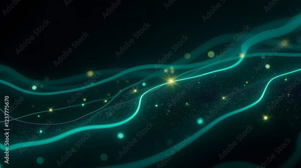 Poster abstract waves of glowing teal light with sparkling stars creating an enchanting starry night effect
