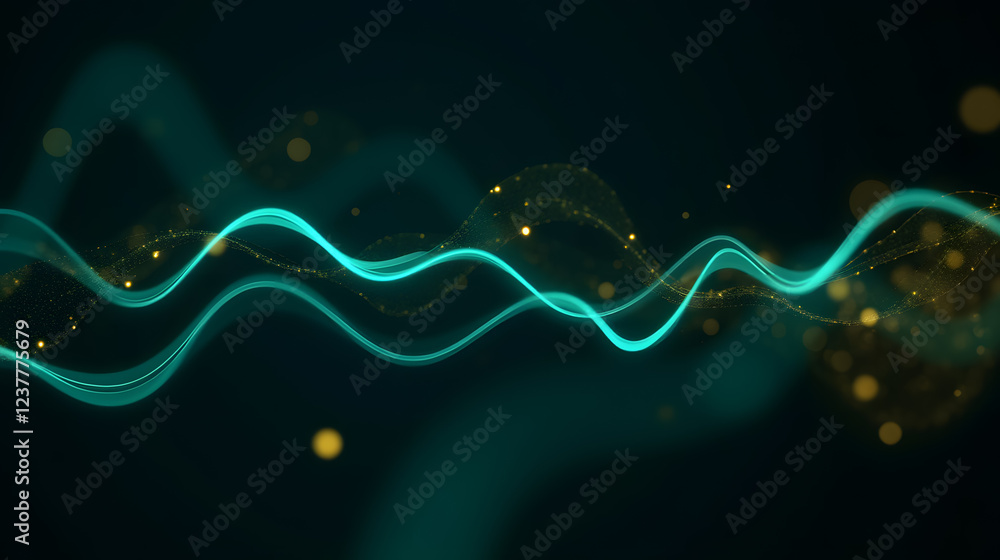 Poster abstract digital wave with soft turquoise light and glowing particles in a dark background for techn