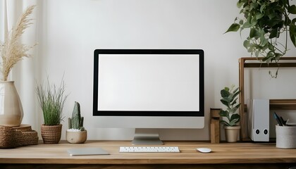 Minimalist Home Office Workspace with Plants and Computer