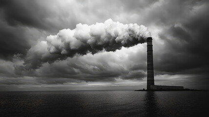 Monochromatic image of industrial smokestack emitting thick plumes of smoke into a stormy sky over calm water.