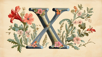 Decorative vintage floral alphabet font small letter x composed with flowers and leafy stems