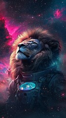 Majestic lion astronaut gazing at nebula, cosmic background, space exploration concept