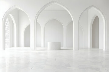 White marble hall, arched doorways, peaceful background, product display