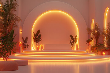 Serene indoor oasis lit stage, plants, candles